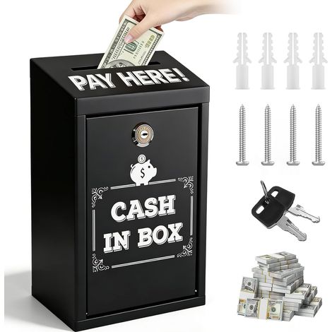 Tirelire avec clé : caisse à monnaie en métal avec clé, boîte verrouillable murale, boîte à dons, boîte à propositions sécurisée pour la maison, le bureau, la porte extérieure (noir) (1/5)