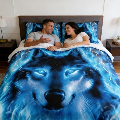 Parure de lit avec housse de couette en microfibre douce pour enfant Motif loup sauvage Bleu pailleté Taille simple (1/3)