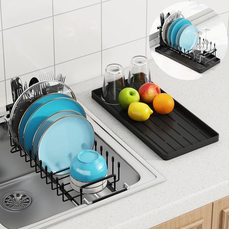 Égouttoir à vaisselle pour évier – Petit égouttoir extensible avec plateau de séchage en silicone, égouttoir de cuisine avec porte-couverts (1/5)