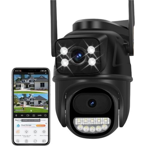 Caméra Wi-FI Double Objectif avec Suivi Automatique IA, étanche, caméra de Surveillance vidéo CCTV avec Alarme Lumineuse de Police, caméra IP(NO Card) (1/5)
