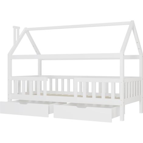 Cama infantil Cama casita con chimenea Dos cajones de almacenamiento Somier de láminas robusto Cama casita para niños de madera de pino, 90 x 200 cm sin colchón, blanco (1/5)