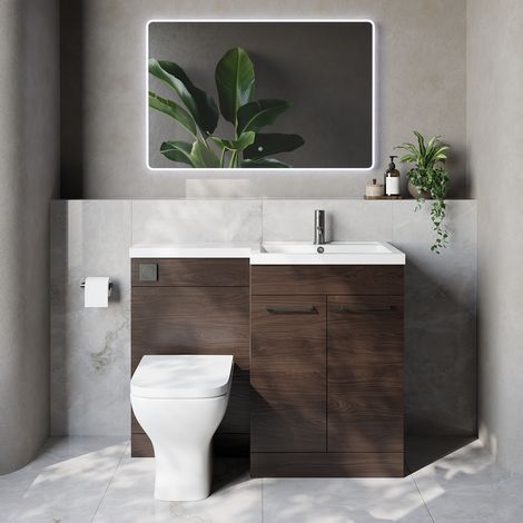 Napoli 460 Brown Oak 1100mm 2 Door Vanity Unit Toilet Suite with Right Hand Square Lucia Basin - 1100mm - Gunmetal Grey 160mm HandleWith Kingston Toilet Pan and Seat