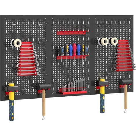 panneau perforé mural 600 x 400 mm, organiseur garage en acier avec 3 panneaux perforés, noir et rouge (1/5)