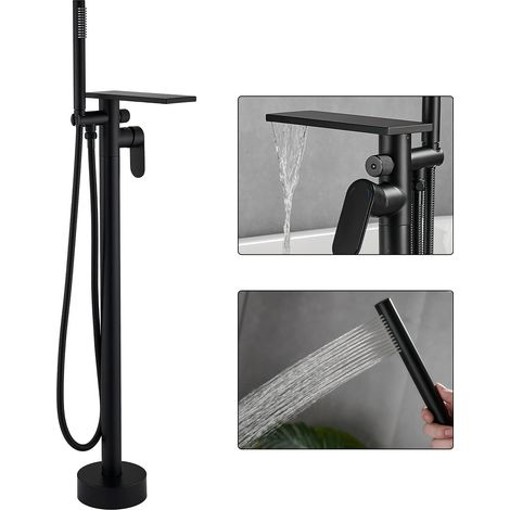 Robinet de baignoire autonome noir, montage au sol, robinet de baignoire autonome en laiton, robinet mitigeur cascade à haut débit pour baignoire, douche (noir mat) (1/5)