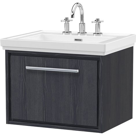 Longnor 1 Drawer Wall Hung Vanity Unit with 3 Tap Hole Traditional Fireclay Basin, Woodgrain Graphite Grey, 600mm