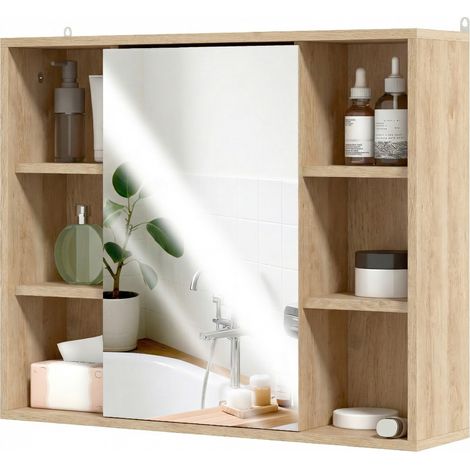 Badezimmer-Waschtisch mit Spiegel, Schrank mit Türen und 6 Ablagefächern, 60 x 14,5 x 49,4 cm, Naturholz (1/5)