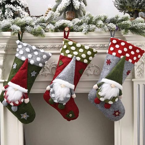 Lot de 3 bas de Noël à suspendre pour cheminée, bas de Noël Père Noël Bonhomme de neige transparent, sac cadeau en tissu, Chris (1/5)