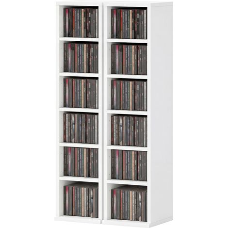 Lot de 2 étagères de rangement 204 CD, meuble tour Blu-ray avec étagères ajustables, organisateur de bibliothèque, blanc (1/5)