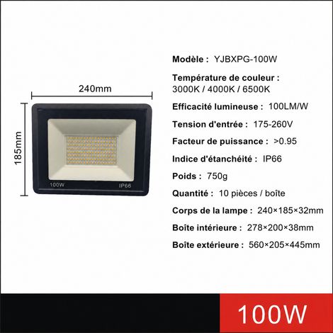 Projecteur LED extérieur étanche IP66 100W 4000K 220V 100w 4000k 24 × 18,5 × 3,2 cm 750 g – Livraison gratuite