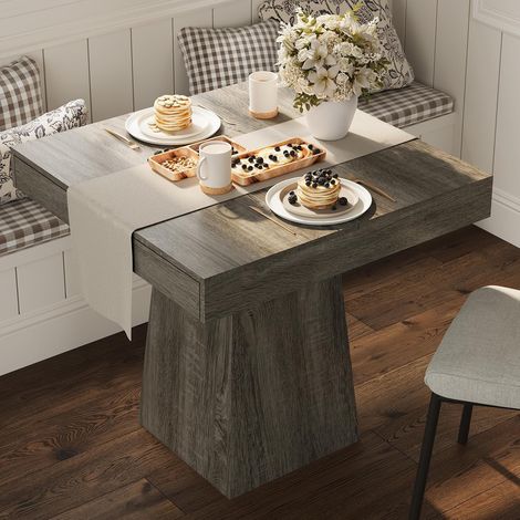 Table à manger carrée gain de place 80 cm - 4 personnes - Tiroir de rangement et pied central - Gris (1/5)