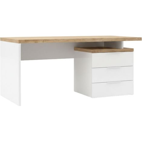 Bureau 160cm avec rangements blanc laqué brillant plateau aspect bois finition Cadiz - GENIUS