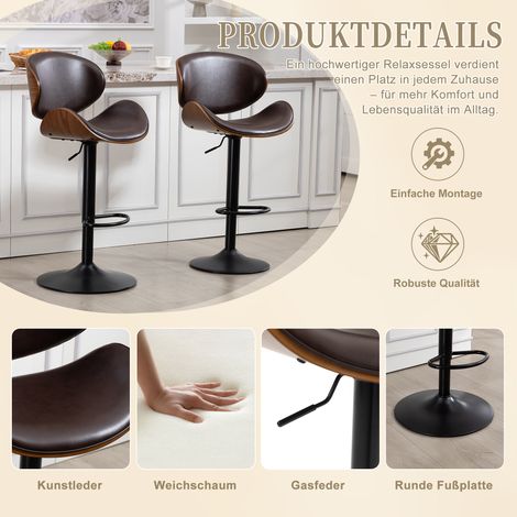 Tabourets de bar pivotants, lot de 2, sièges de comptoir réglables en hauteur, bois courbé, revêtement similicuir marron, dossier et repose-pieds ergonomiques, chaises pour cuisine, îlot central, usag (1/5)
