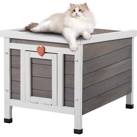 VEVOR Abri deexterieur resistant aux intemperies pour chats, havre de paix spacieux en bois pour chats et lapins sauvages, equipe de rideaux de porte en PVC et deun toit accessible, dimensions : 21"L (1/5)