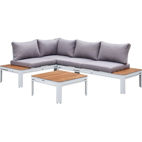 Axi Eos Salon De Jardin Avec Chaise Longue Intégrée  Ensemble De Salon Extérieur En Aluminium & Pspc En Blanc & Look Bois  Ensemble Table Et Chaise, 4 Personnes