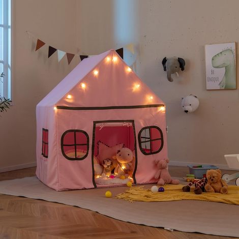 GOPLUS Cabane Enfant Interieure, Tente Enfant avec 10 Étoiles Lumineuses et Tapis Moelleux, Porte Enroulable, Fenêtres Ventilées, Poches de Rangement, Tente de Jeux pour 3+ Ans (Rose)