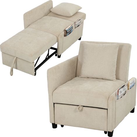 Fauteuil Convertible 1 Place, Fauteuil-Lit Clic-Clac 4 en 1 Rembourré en Chenille, Dossier Réglable, Assise Large, Beige (1/5)