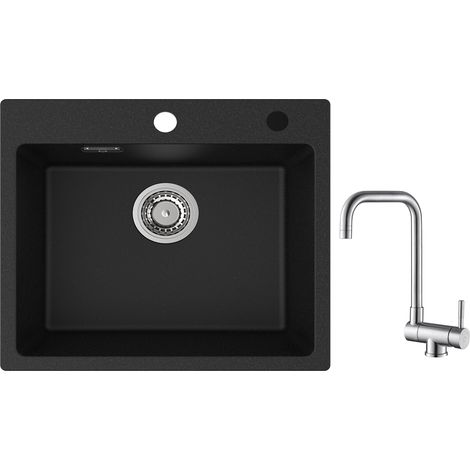 Cecipa Evier 1 Bac Quartz Noir 50x45cm Evier de Cuisine en Quartz Evier de Cuisine en Granit + Robinet Cuisine Rabattable Mitigeur de Evier Repliable Brossé (1/5)