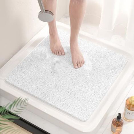 Tapis de Douche Antiderapant, 60x60cm Tapis de Baignoire Antidérapant sans Ventouse, Doux PVC Luffa Tapis de Bain pour Salle de Bain, Séchage Rapide, Drainage Efficace, Blanc (1/3)