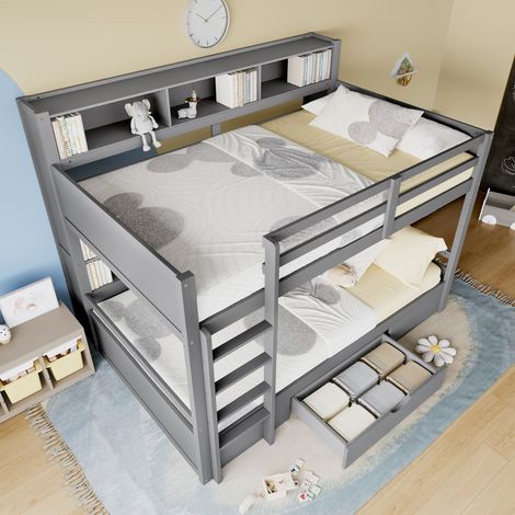 Lit Superposé Enfant avec Rangement - 90x200 cm - Structure en Bois Massif de Pin et MDF - Sécurisé avec Barrières - Fonctionnel- Grey (1/5)