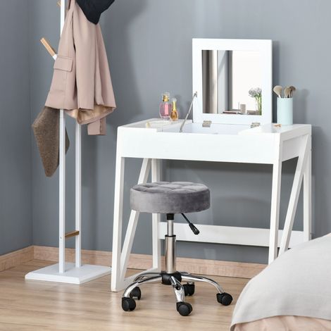 Tabouret de salon à roulettes réglable en hauteur pivotant, revêtement tissu effet velours gris clair, base chromée, 35x35x49-61 cm  CHICFURN (1/5)