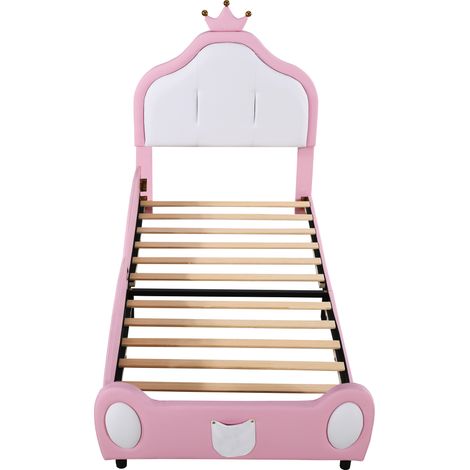 Lit d'enfant rembourré 90x200 cm, design patchwork bicolore, tissu en similicuir - Rose (1/5)