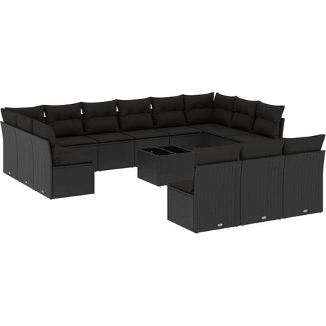 Salon de jardin avec coussins 14 pcs noir résine tressée (1/3)