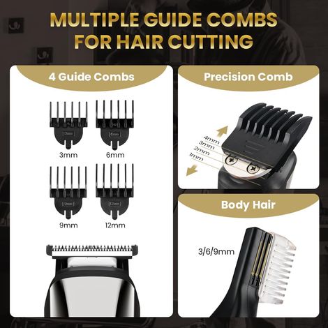 Tondeuse à barbe pour hommes, kit de coiffeur 6-en-1, kit de rasoir sans fil précis, étanche IPX6, adapté à la barbe, aux cheveux, au corps, au nez et aux oreilles, comprend une lame de rasoir (argent
