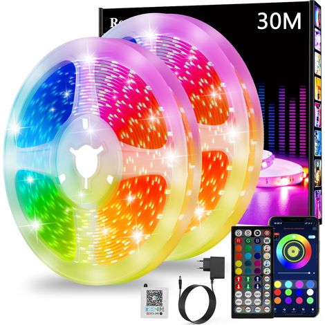 Ruban Led 30m, Led Chambre, Bande Led Lumineuse Contrôlé par APP Bluetooth ou Télécommande 44 Touches, Synchroniser avec Rythme de Musique, RGB Bandeau Led pour Decoration Chambre, Gaming (2 15m) (1/5)