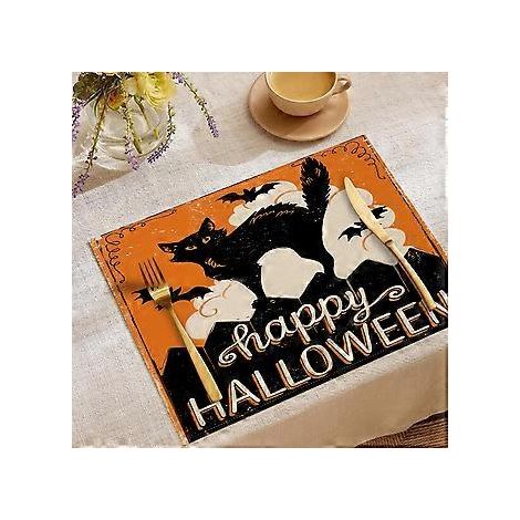 Sets de table en lin pour Halloween, série Trick Or Treat, sets de table combinés, décoration de table pour restaurants, dessous de plat isolants (YMCD-33) (1/2)