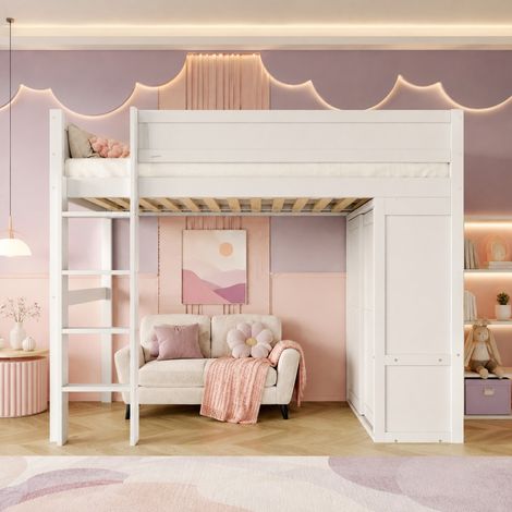 Lit mezzanine 90x200 cm en bois et MDF blanc, armoire, gain de place, sans matelas – MEUBLIV (1/5)