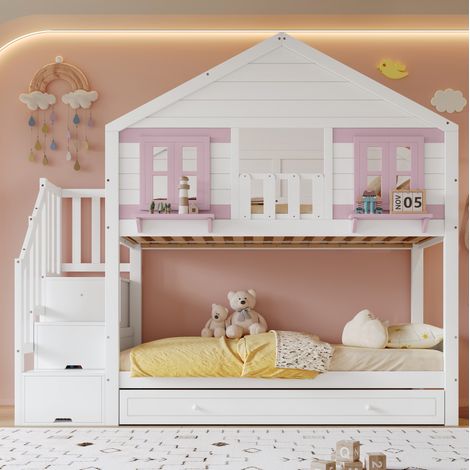 Etagenbett 90x200 cm aus Holz/MDF, Weiß/Rosa, mit Ausziehbett, ohne Matratze – MEUBLIV (1/5)