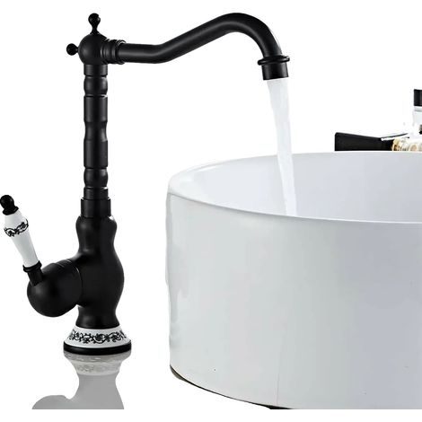Robinet mélangeur de lavabo, construction en laiton, design monté sur plan de travail, Laiton, noir (1/2)