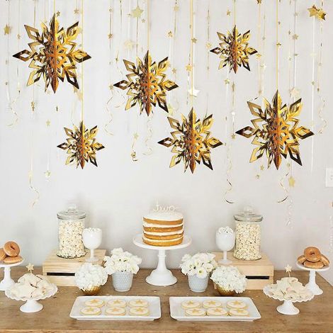 Set mit 6 Krippendekorationen, Weihnachtsbaum-Schneeflocken, 3D-Weihnachtsdekorationen, Weihnachtsparty-Wanddekorationen
