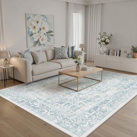 Vintage Tapis Salon 180x270cm Bleu Lavable en Machine Rug Chambre Adulte Grand Rugs,Descente de Lit, AntidéRapant Carpet,Interieur Doux Poil Ras,Salle a Manger Carpets,Bureau (1/5)