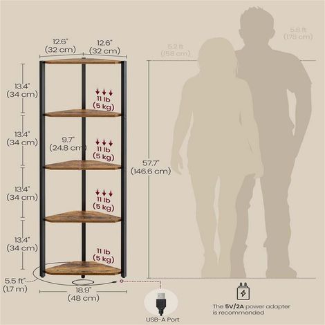 5-Tier Industrial Corner Shelf with Adjustable LED Lights, Freestanding Storage Rack for Home Office
