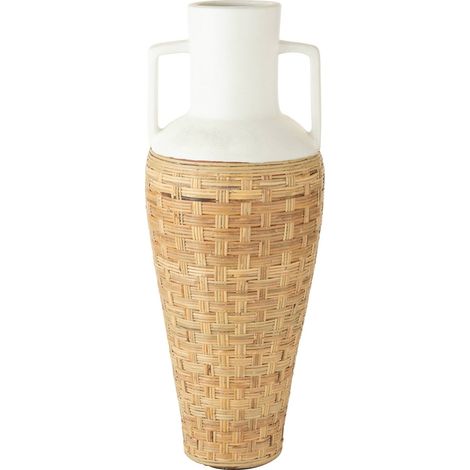 Vase poterie blanc tressage rotin anses terracotta naturel - Blanc rotin naturel terracotta (1/3)