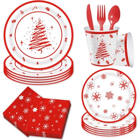 Service de table de Noël jetable 112 pc pour 16 invités,gobelets en papier, assiettes,serviettes et couverts pour décoration de Noël (1/5)