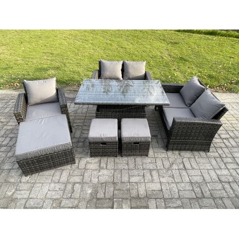 Fimous Rattan Gartenmöbel Set Garten Sofa Set mit Einstellbare Höhe Esstisch 3 Hocker Dunkelgrau Gemischt (1/5)
