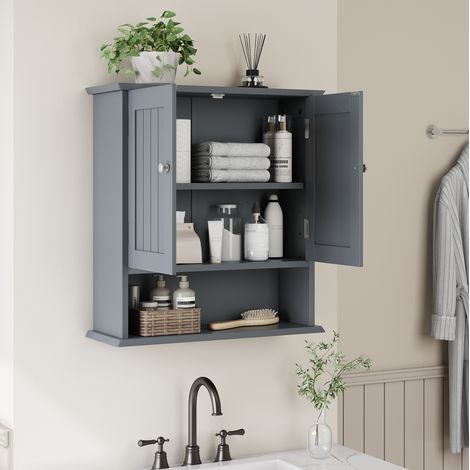 Armadio bagno a parete con 2 porte e ripiani aperti in MDF grigio chiaro 54,6 x 19,8 x 60 cm (1/5)