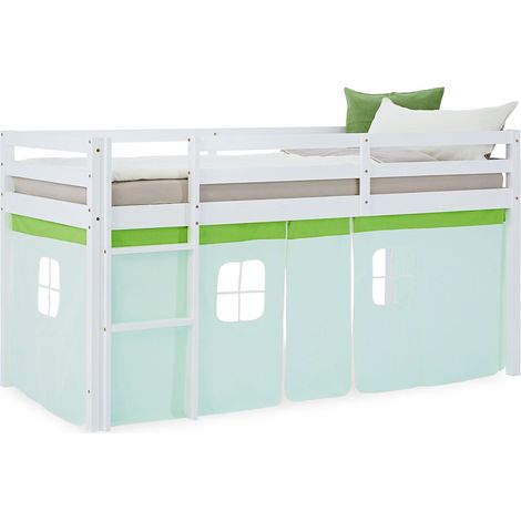 Letto a soppalco con rete a doghe 90x200cm con scaletta in legno laccato bianco e tela verde inclusa senza materasso LIT06247