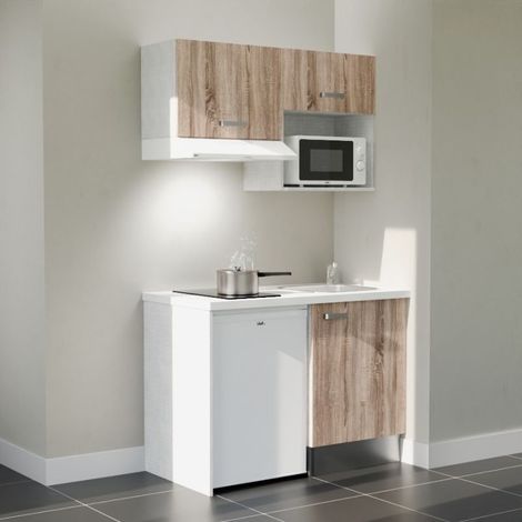 Kitchenette K02L-PT - 120 cm - plan stratifié, évier inox, - Façade Bois - Plan Blanc - Crédences Non + Electroménager inclus coloris Blanc