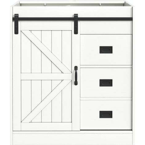 Meuble de salle de bain blanc avec porte style grange, sous-meuble avec vasque en céramique, tiroirs et armoires (1/5)