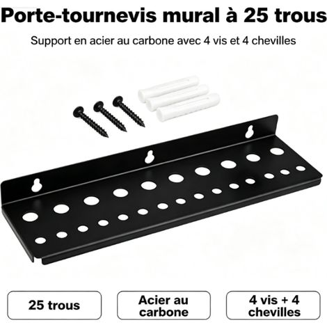 Porte Outils Mural, 25 Trous Support Tournevis, Acier au Carbone Support Outils Mural, Noir Support Tournevis Mural, avec Vis et Tubes D'expansion