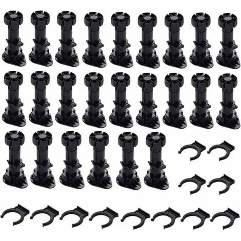 24 Stück Möbelbeine aus Kunststoff, verstellbare Möbelbeine (80 mm - 100 mm), schwarze Möbelfüße aus Kunststoff mit Clip-Montagesockel, geeignet für Küchenschränke, Kleiderschränke und Sofas MUMU