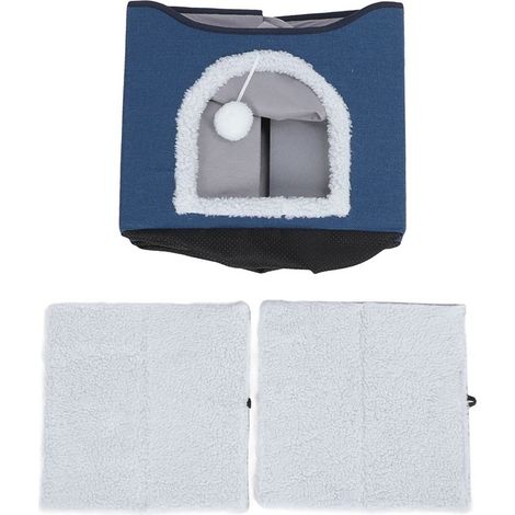 Maison pliable pour chat, 2 couches, lit de grotte multifonctionnel pour chaton, grattoir doux pour l'intérieur, bleu marine (1/5)