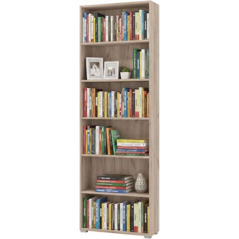 Bücherregal Pramollo, 5 Regale, Bodenmontage, Eiche Grau Struktur, 70x24,5x211,5h cm, Braun Eiche Grau