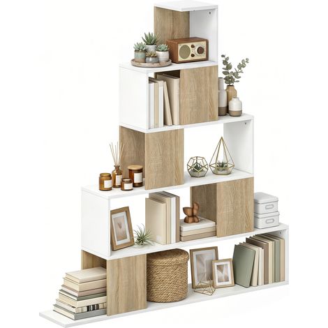 Étagère de rangement - HOMCOM - bibliothèque géométrique à 5 niveaux - bois - 120 x 22 x 131,5 cm - blanc et bois naturel (1/5)