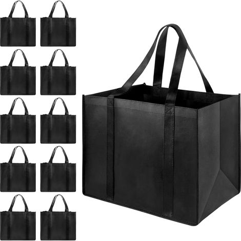 LadyRosian Lot de 10 sacs de courses réutilisables ultra-résistants pour la cuisine, grand sac cabas durable avec poignée, capacité de charge supérieure à 20 kg, tient debout, pliable et lavable (noir (1/5)