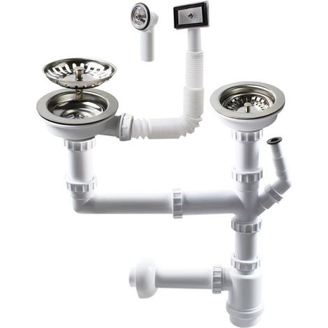 Siphon double de 114 mm pour évier avec raccord pour lave-vaisselle, siphon, siphon double pour évier, adapté pour évier avec une ouverture de 84-90 mm Z7052C006 (1/5)