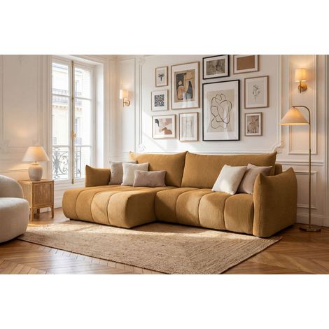 Ecksofa Schlafsofa ONTARIO in Stoff Poso Senfgelb Ottomane Links